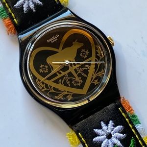 New Swatch Watch DIE GLOCKE cowbell embroidered Edelweiss flowers leather 34mm